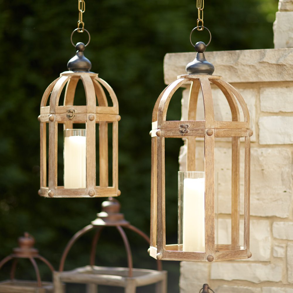Set of Two Brown Distressed Wood And Glass Floor Lantern Candle Holders HomeRoots