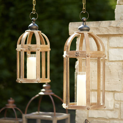 Set of Two Brown Distressed Wood And Glass Floor Lantern Candle Holders HomeRoots