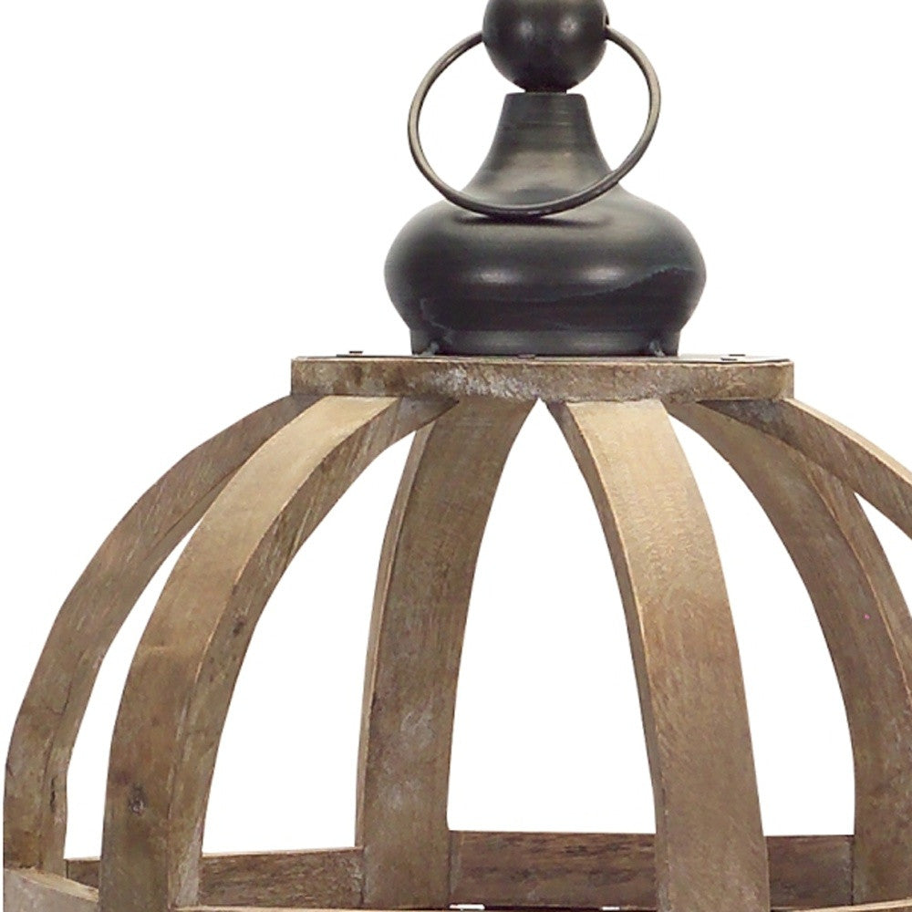 Set of Two Brown Wood and Glass Floor Lantern Candle Holders