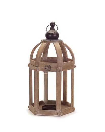Set of Two Brown Distressed Wood And Glass Floor Lantern Candle Holders HomeRoots