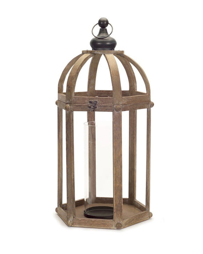 Set of Two Brown Distressed Wood And Glass Floor Lantern Candle Holders HomeRoots