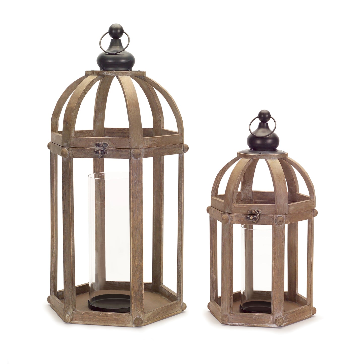 Set of Two Brown Wood and Glass Floor Lantern Candle Holders