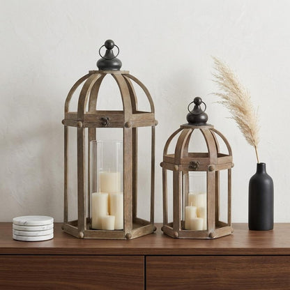 Set of Two Brown Distressed Wood And Glass Floor Lantern Candle Holders HomeRoots