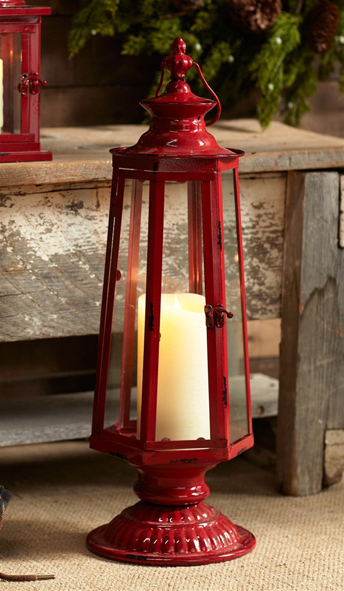 24" Red Glass and Metal Tabletop Lantern Candle Holder