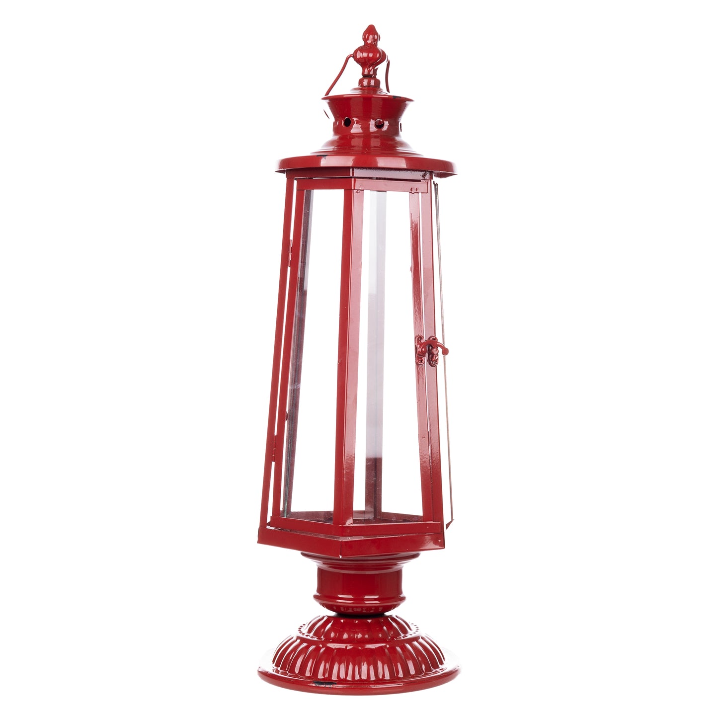 24" Red Glass and Metal Tabletop Lantern Candle Holder