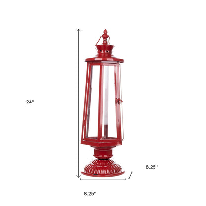 24" Red Glass and Metal Tabletop Lantern Candle Holder