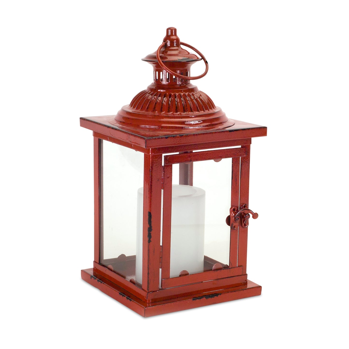 Set of Two Red Glass and Metal Geometric Floor Lantern Candle Holders