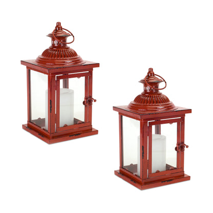 Set of Two Red Glass and Metal Geometric Floor Lantern Candle Holders