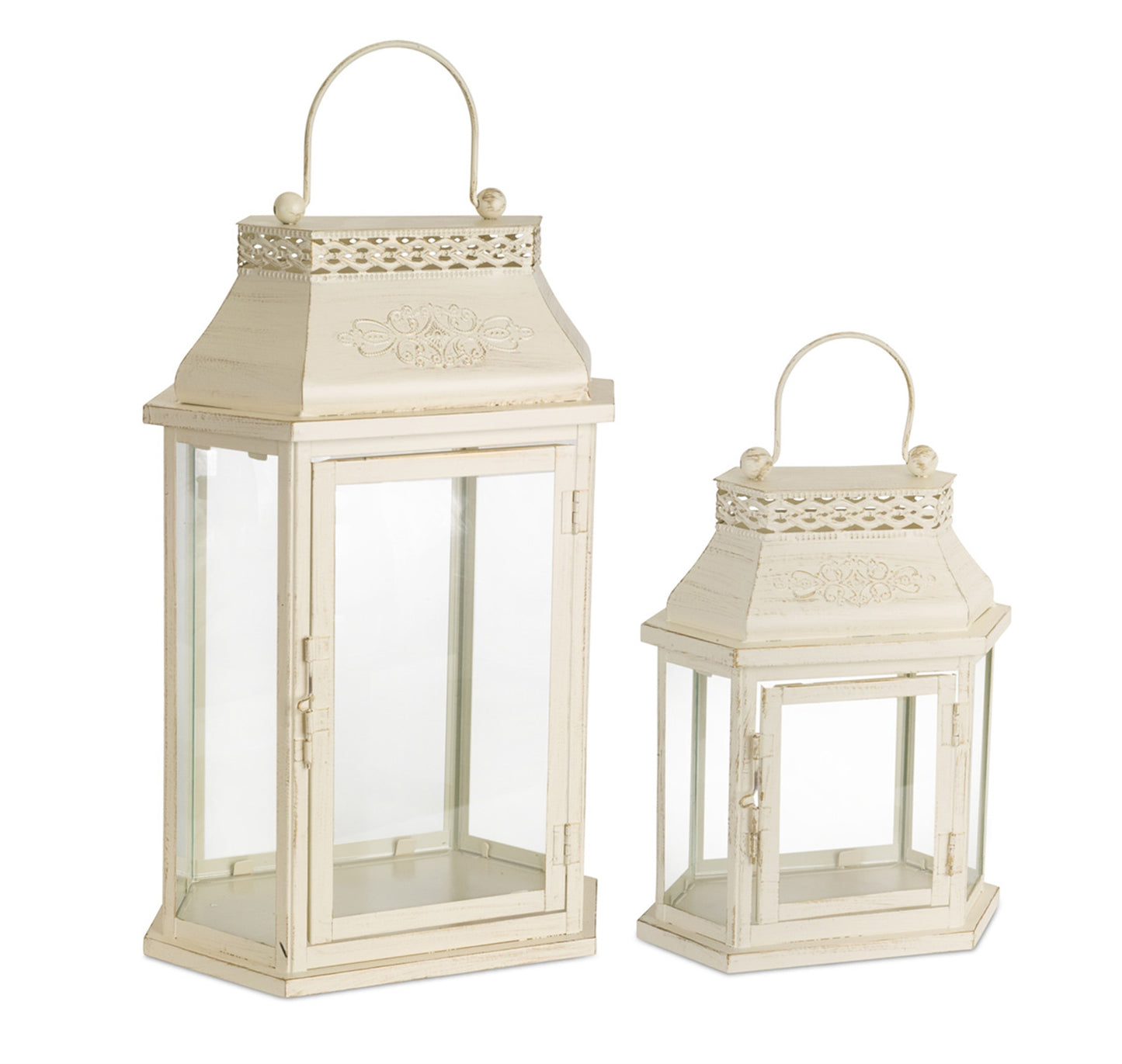 Set of Two Ivory Metal Filigree Floor Lantern Candle Holders