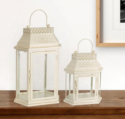 Set of Two Ivory Metal Filigree Floor Lantern Candle Holders