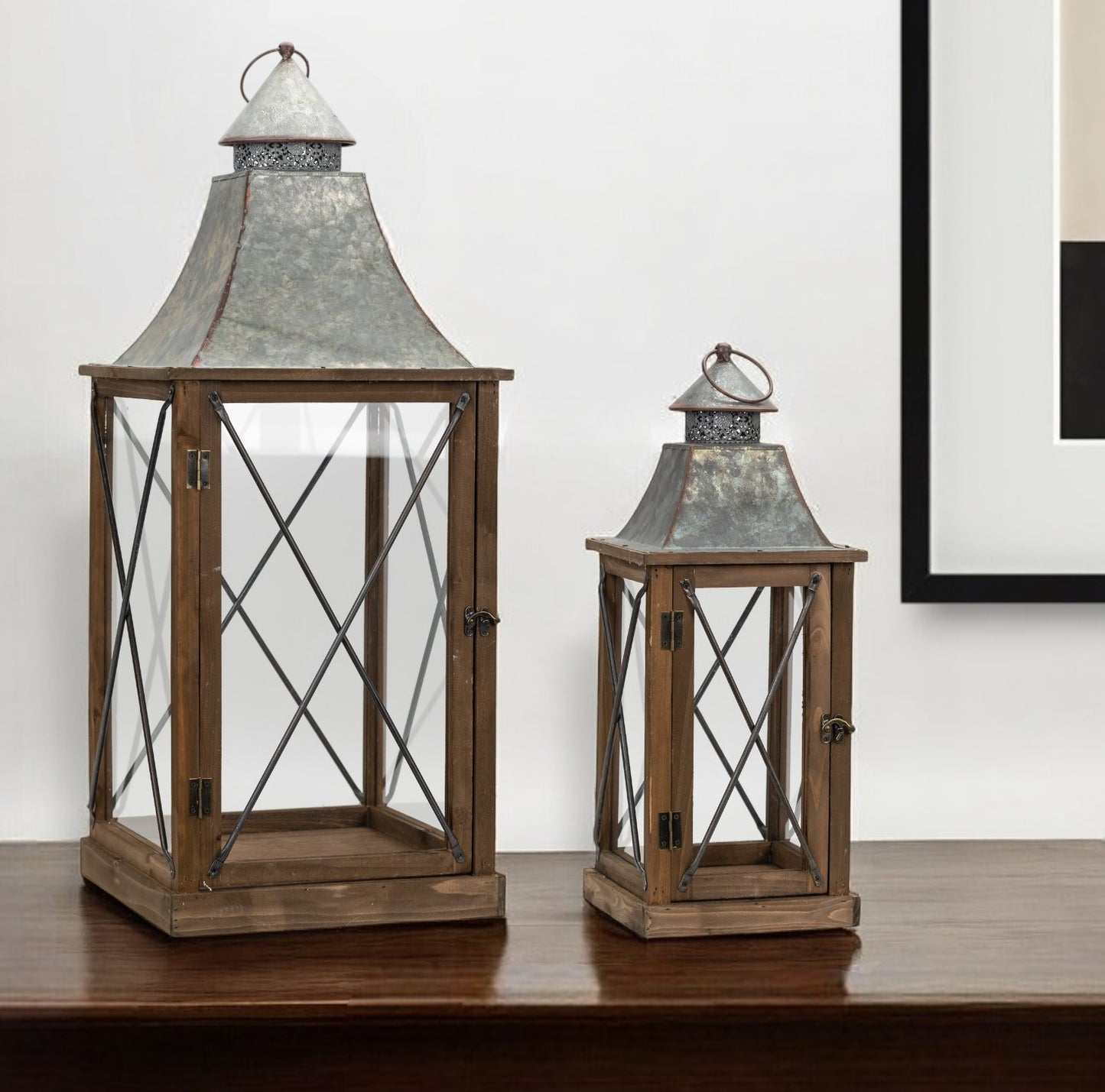 Set of Two Brown Black and Gray Wood and Galvanized Metal Lattice Floor Lantern Candle Holders