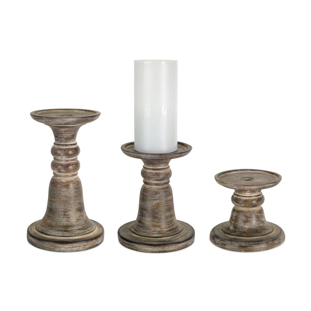 Set of Three Brown Distressed Stone Tabletop Taper Candlesticks HomeRoots
