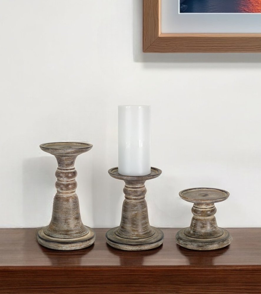 Set of Three Brown Distressed Stone Tabletop Taper Candlesticks HomeRoots