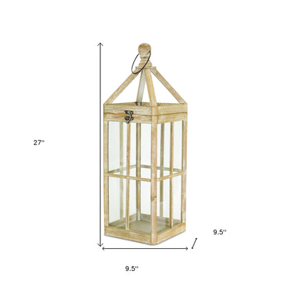 Set of Two Natural and Clear Wood and Glass Floor Lantern Candle Holders