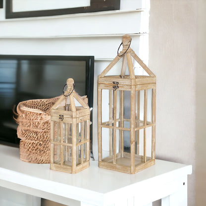 Set of Two Natural and Clear Wood and Glass Floor Lantern Candle Holders