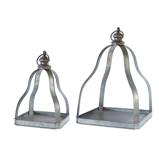 Set of Two Gray Galvanized Metal Tabletop Lantern Candle Holders