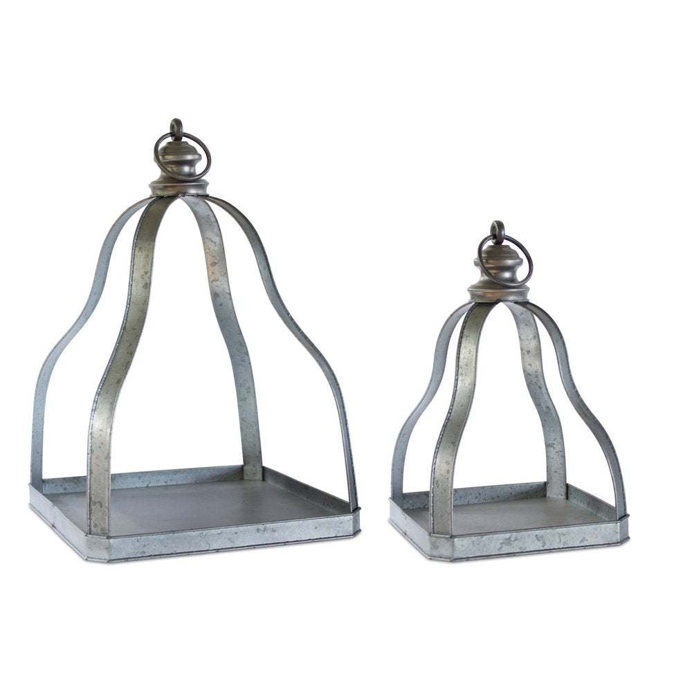 Set of Two Gray Distressed Galvanized Metal Tabletop Lantern Candle Holders HomeRoots