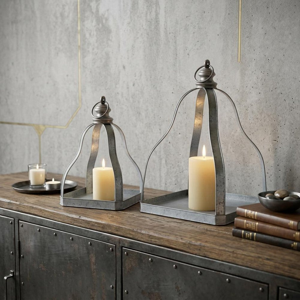 Set of Two Gray Distressed Galvanized Metal Tabletop Lantern Candle Holders HomeRoots
