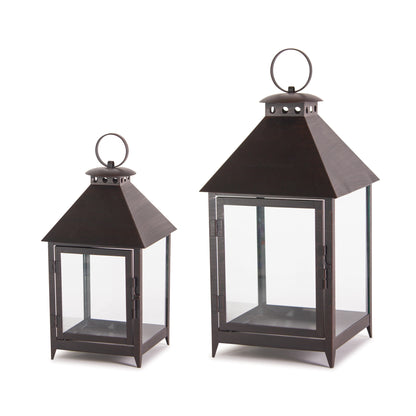 Set of Two Black Iron and Glass Geometric Floor Lantern Candle Holders