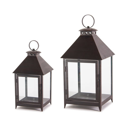 Set of Two Black Geometric Iron And Glass Floor Lantern Candle Holders HomeRoots