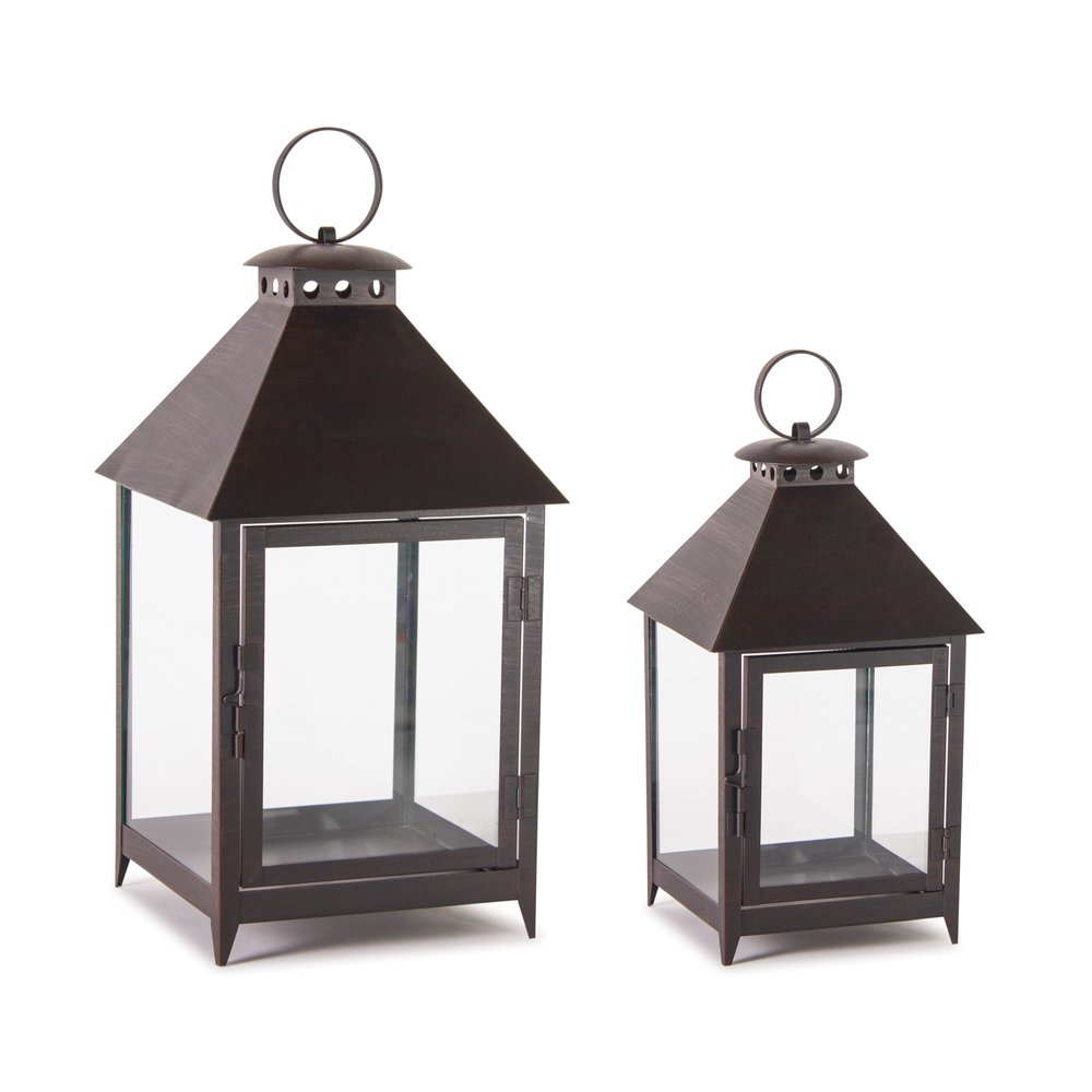 Set of Two Black Geometric Iron And Glass Floor Lantern Candle Holders HomeRoots