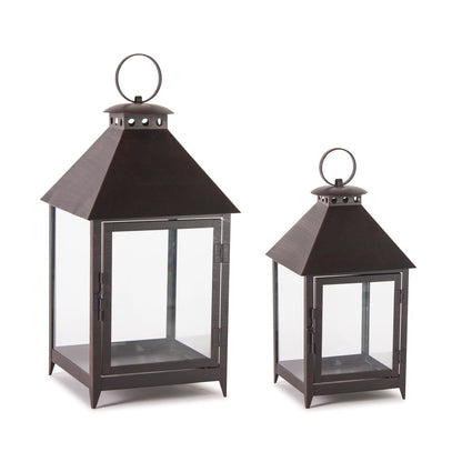 Set of Two Black Geometric Iron And Glass Floor Lantern Candle Holders HomeRoots