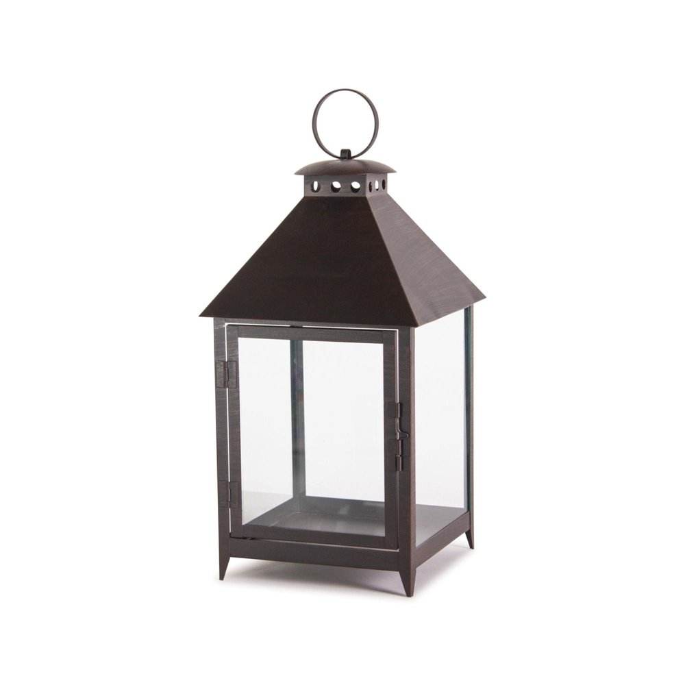Set of Two Black Geometric Iron And Glass Floor Lantern Candle Holders HomeRoots