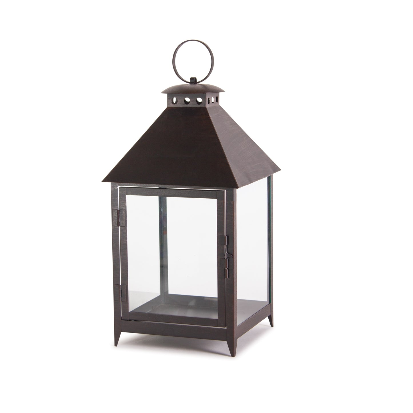 Set of Two Black Iron and Glass Geometric Floor Lantern Candle Holders