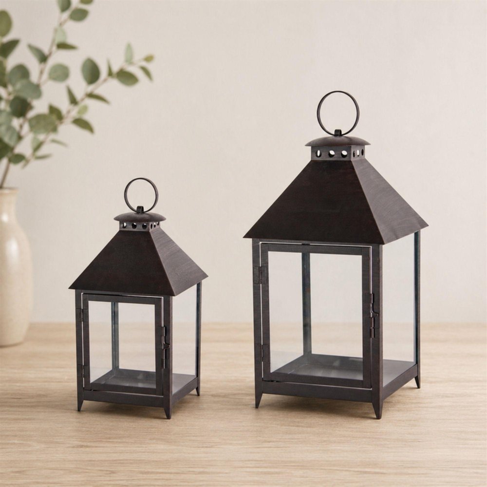 Set of Two Black Geometric Iron And Glass Floor Lantern Candle Holders HomeRoots