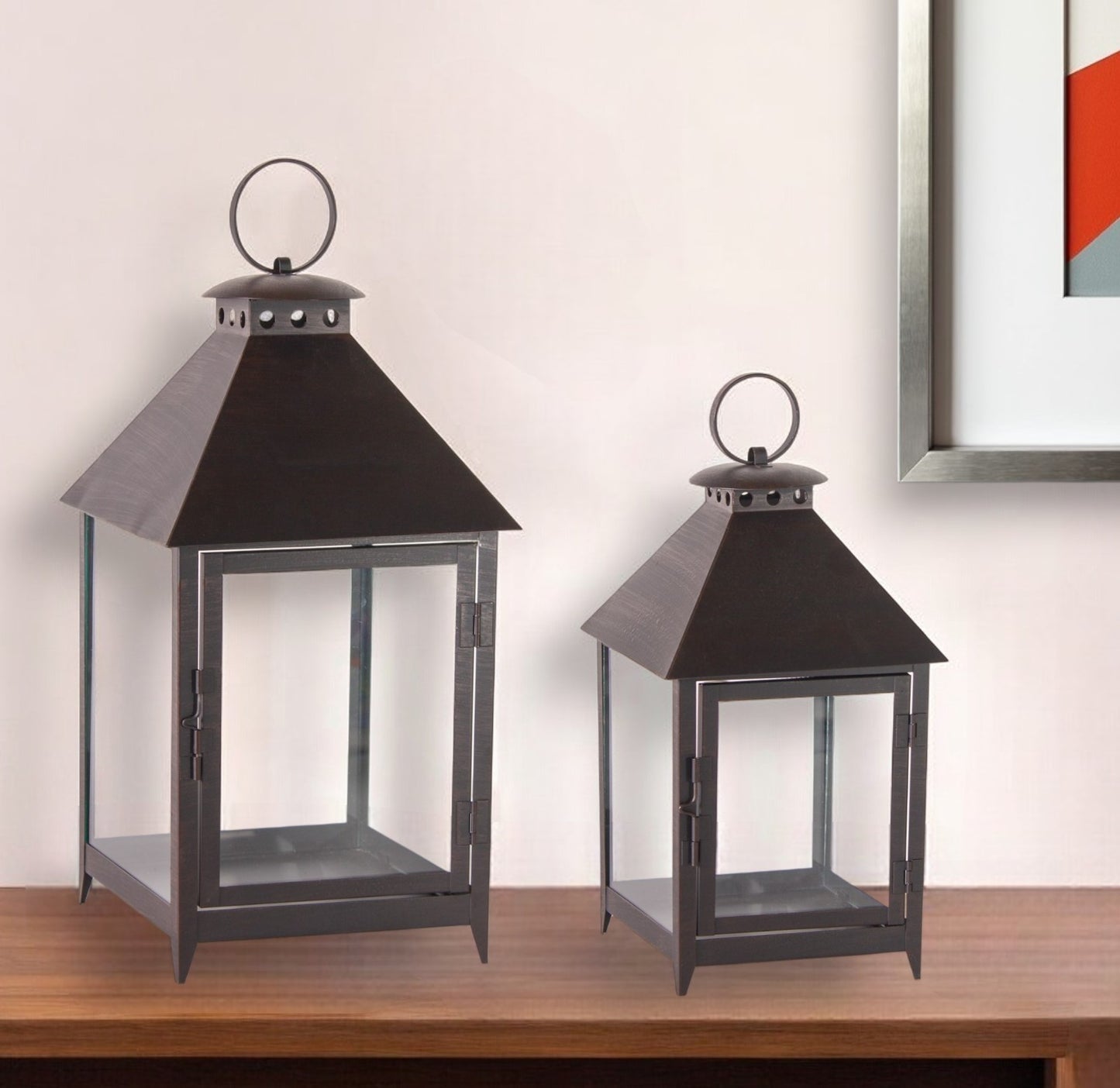 Set of Two Black Iron and Glass Geometric Floor Lantern Candle Holders