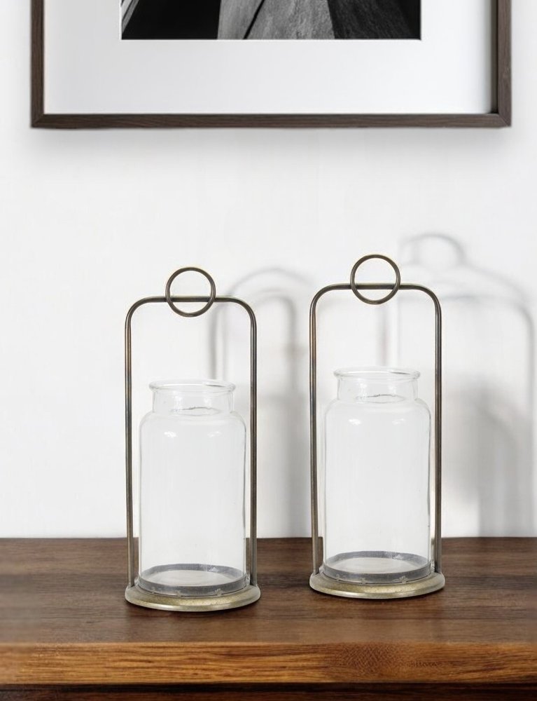 Set of Two Bronze Metal And Glass Tabletop Hurricane Candle Holders HomeRoots