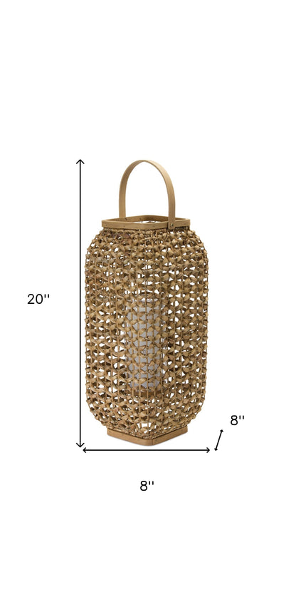 20" Natural Glass and Wicker Woven Floor Lantern Candle Holder