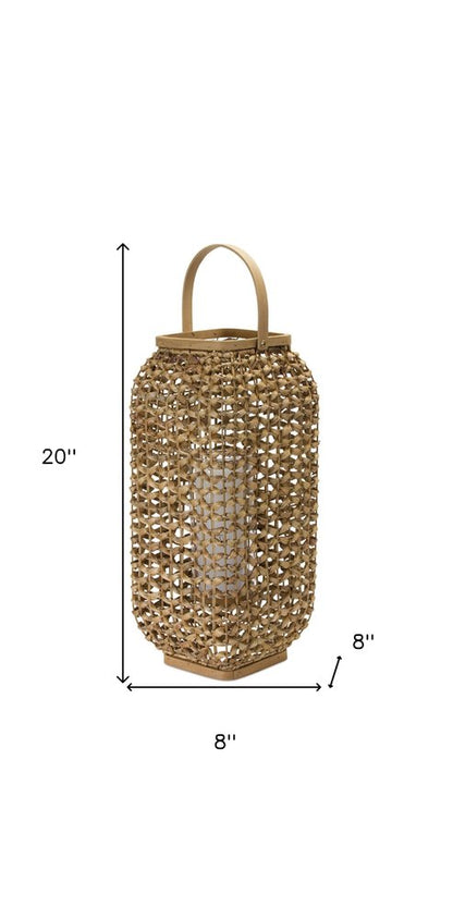 20" Natural Distressed Woven Glass And Wicker Floor Lantern Candle Holder HomeRoots
