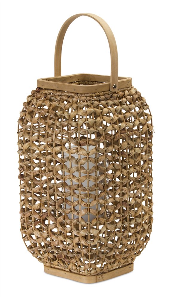 16" Natural Distressed Woven Glass And Wicker Floor Lantern Candle Holder HomeRoots