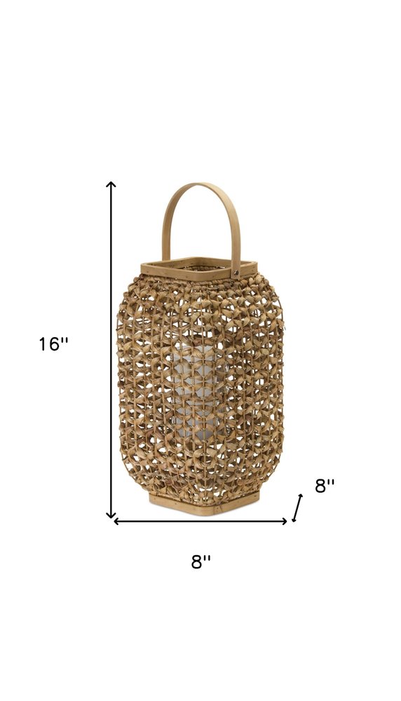 16" Natural Distressed Woven Glass And Wicker Floor Lantern Candle Holder HomeRoots