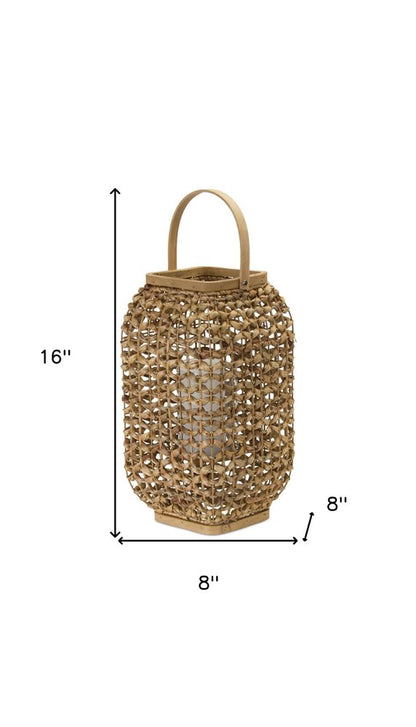 16" Natural Distressed Woven Glass And Wicker Floor Lantern Candle Holder HomeRoots