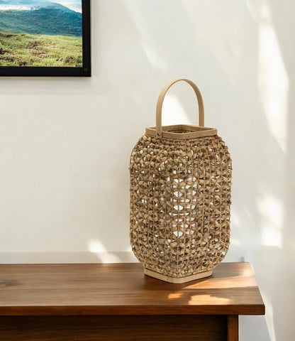 16" Natural Distressed Woven Glass And Wicker Floor Lantern Candle Holder HomeRoots