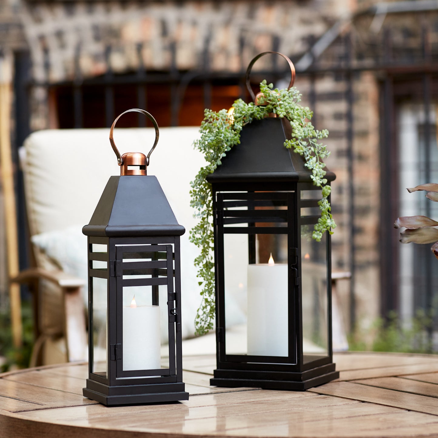 Set of Two Black and Gold Glass and Metal Floor Lantern Candle Holders