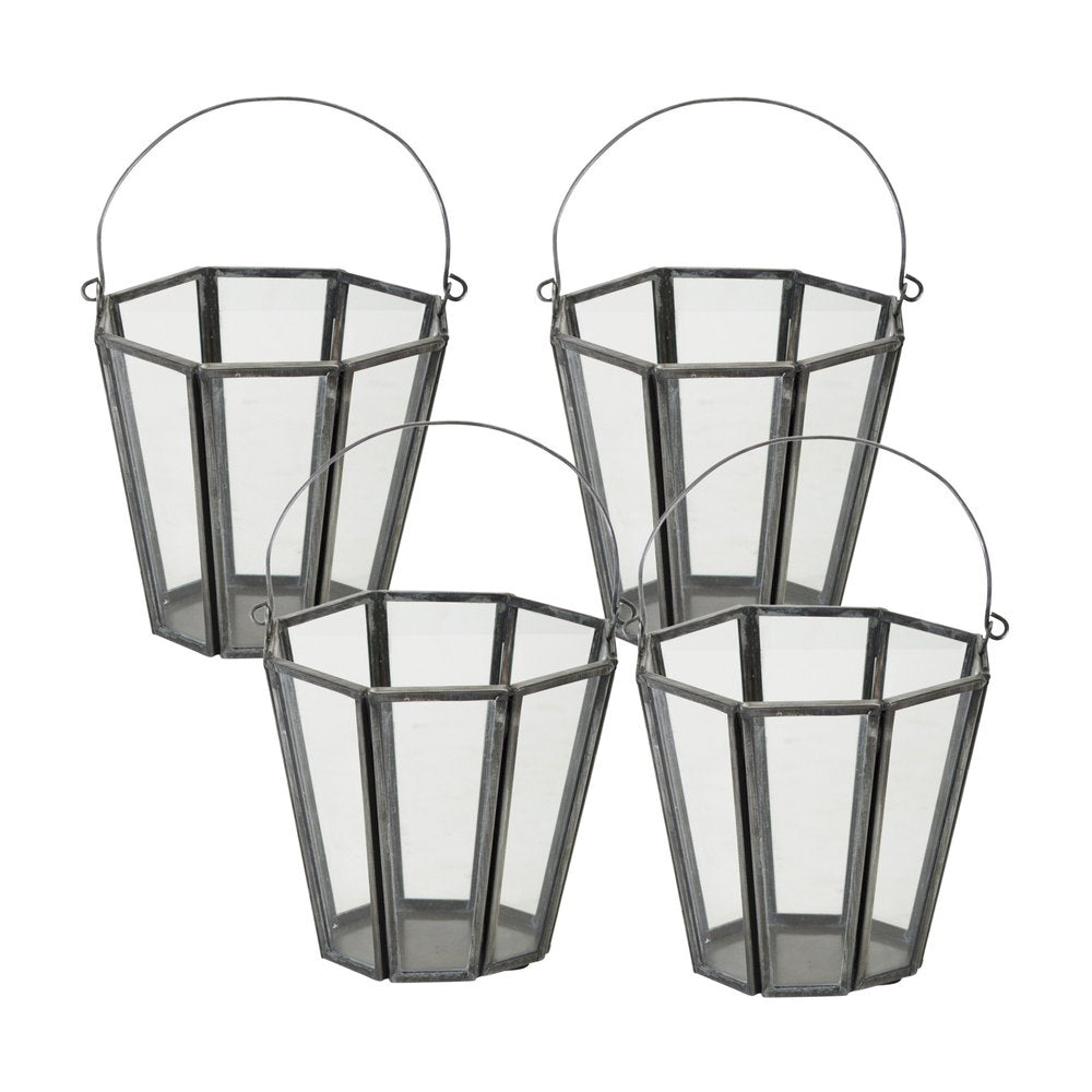 Set of Four Gray Distressed Geometric Iron And Glass Tabletop Votive Candle Holders HomeRoots
