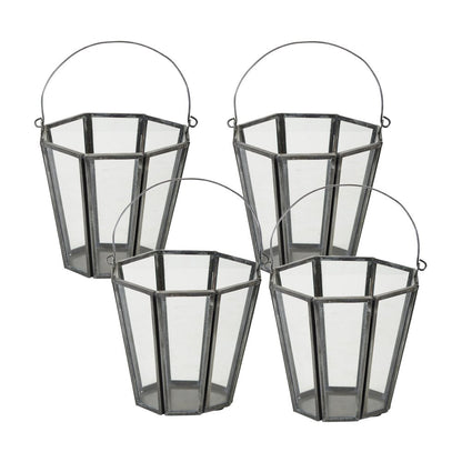 Set of Four Gray Distressed Geometric Iron And Glass Tabletop Votive Candle Holders HomeRoots