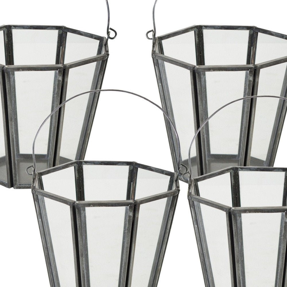 Set of Four Gray Distressed Geometric Iron And Glass Tabletop Votive Candle Holders HomeRoots