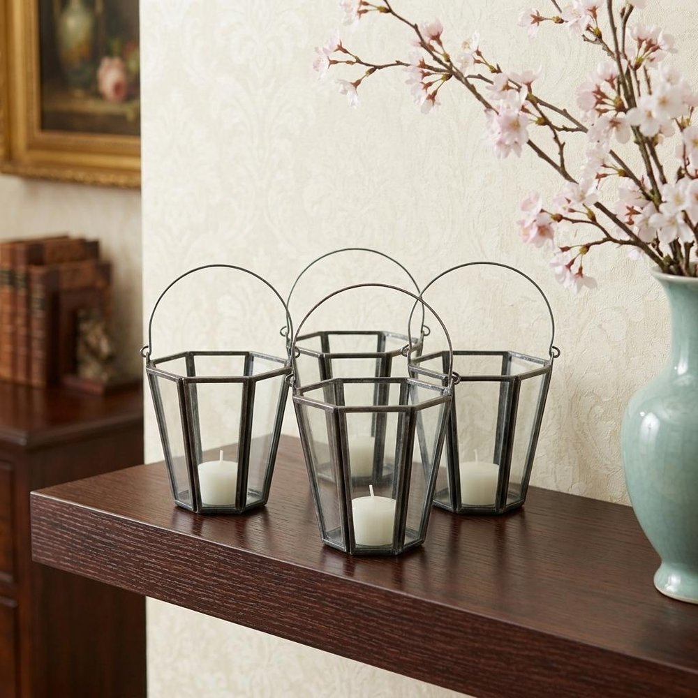 Set of Four Gray Distressed Geometric Iron And Glass Tabletop Votive Candle Holders HomeRoots