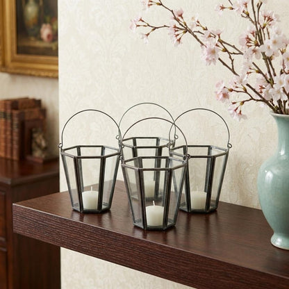 Set of Four Gray Distressed Geometric Iron And Glass Tabletop Votive Candle Holders HomeRoots
