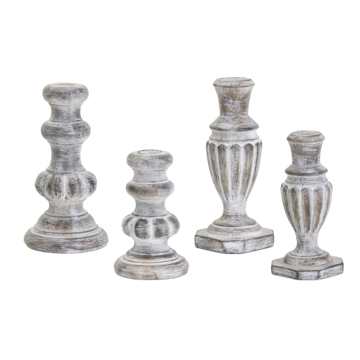 Set of Four White Washed Resin Tabletop Candle Sticks