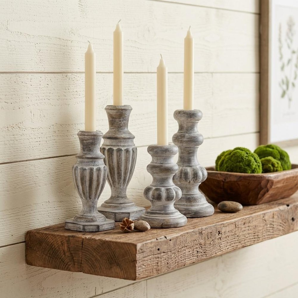Set of Four White Washed Resin Tabletop Candle Sticks HomeRoots