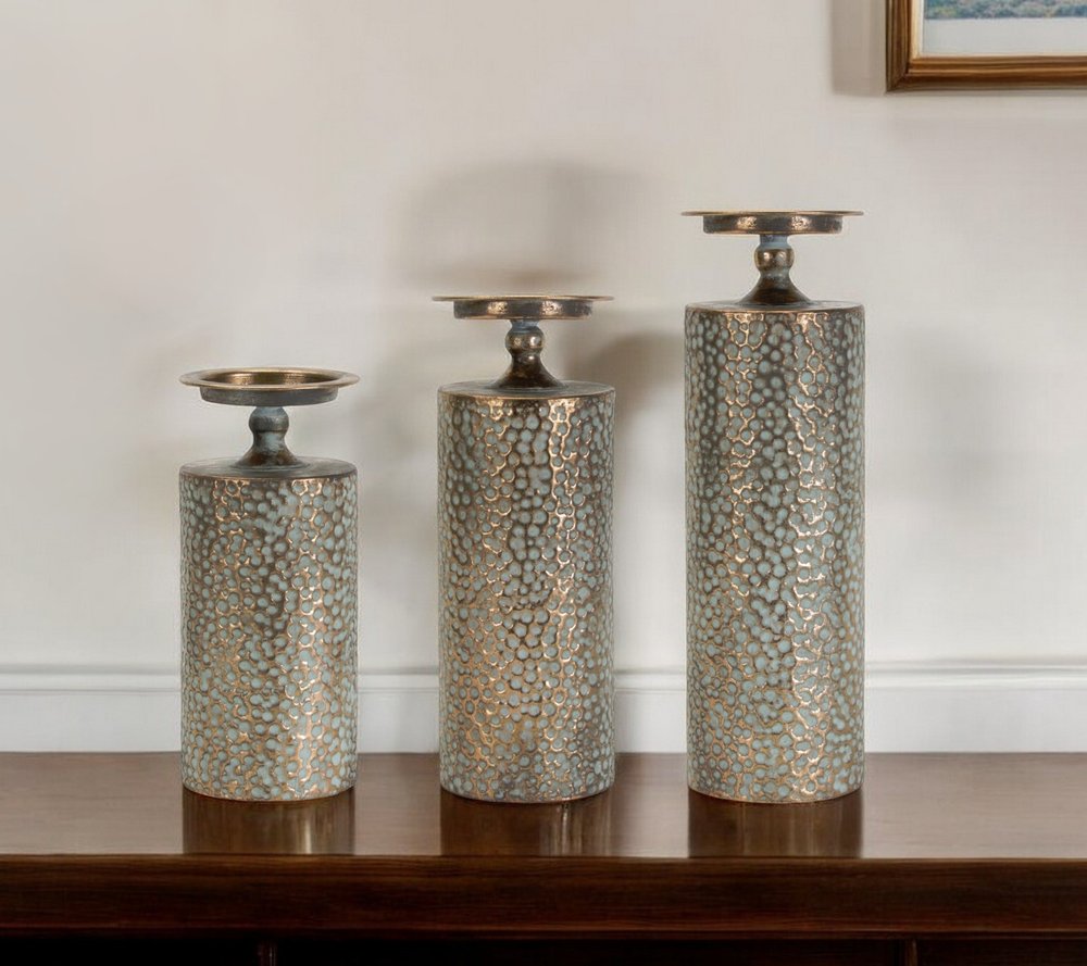 Set of Three Bronze Distressed Abstract Metal Tabletop Pillar Candle Holders HomeRoots