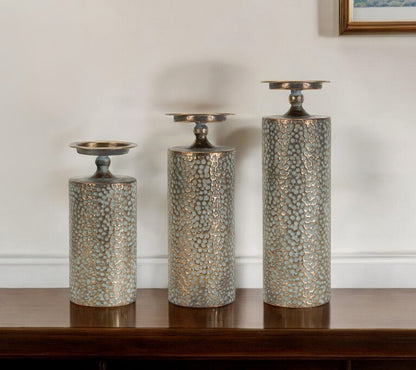 Set of Three Bronze Distressed Abstract Metal Tabletop Pillar Candle Holders HomeRoots
