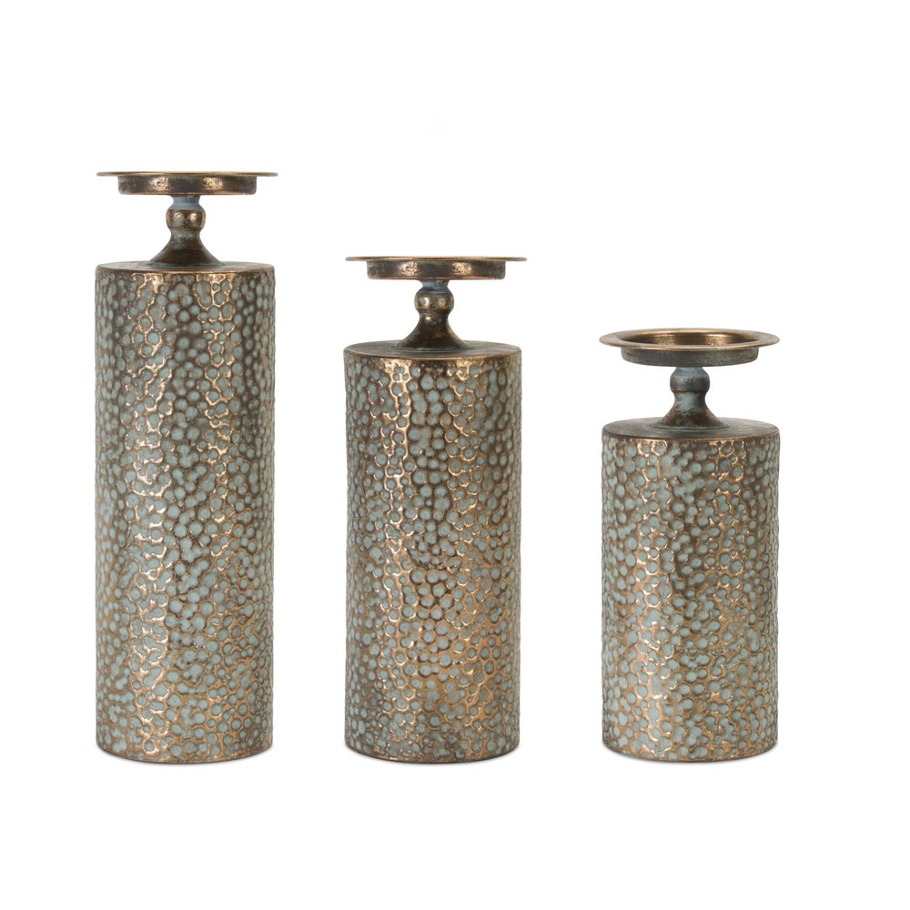Set of Three Bronze Distressed Abstract Metal Tabletop Pillar Candle Holders HomeRoots