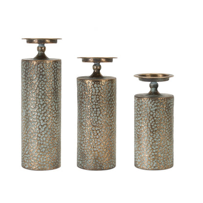 Set of Three Bronze Distressed Abstract Metal Tabletop Pillar Candle Holders HomeRoots