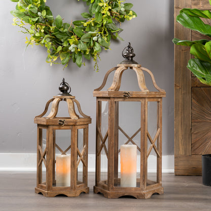 Set of Two Natural and Brown Wood and Metal Geometric Floor Lantern Candle Holders